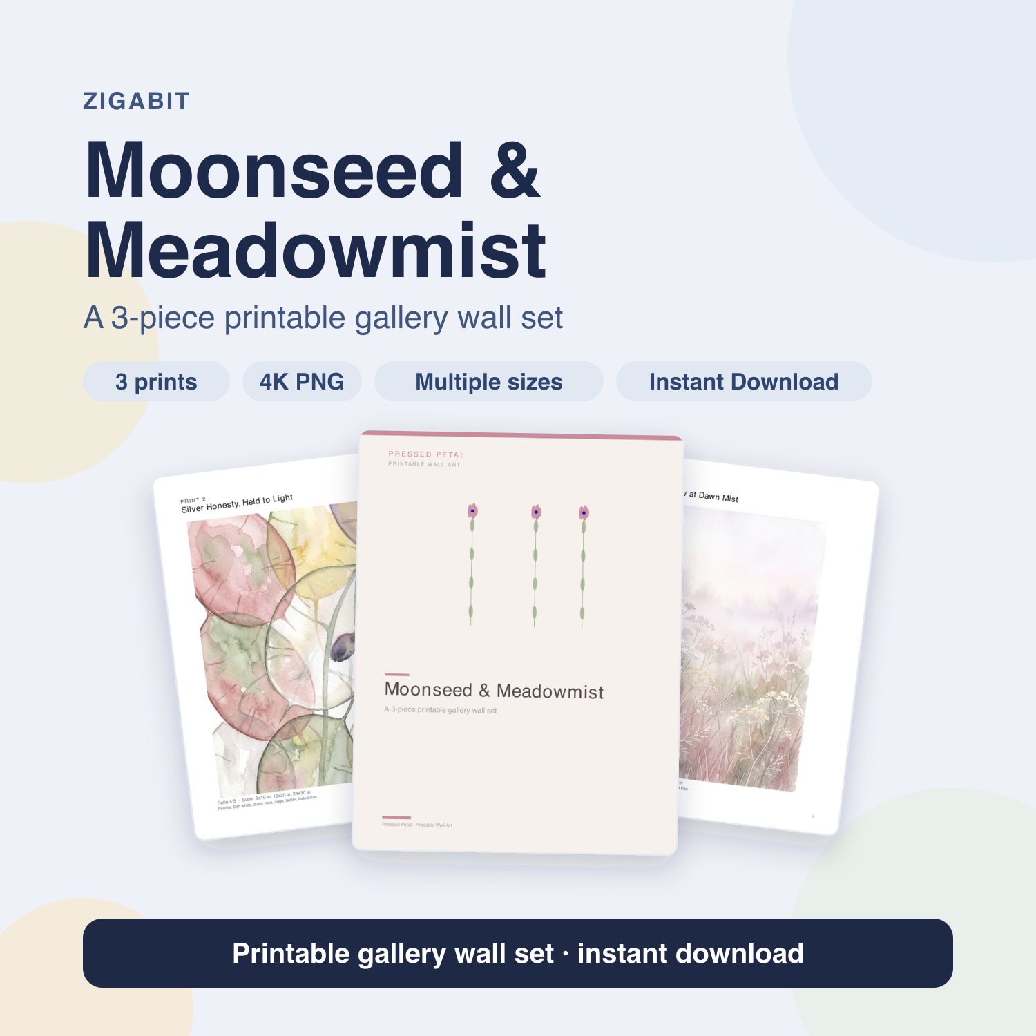 Moonseed & Meadowmist — 3 Pressed Botanical Wall Art Prints by Pressed Petal