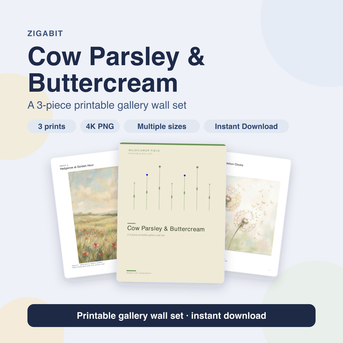 Cow Parsley & Buttercream | 3-Piece Cottagecore Meadow Kitchen Wall Art by Wildflower Field
