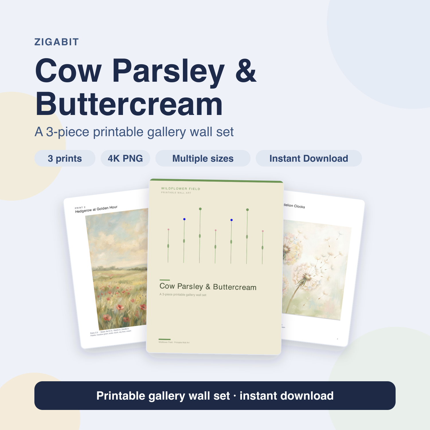 Cow Parsley & Buttercream | 3-Piece Cottagecore Meadow Kitchen Wall Art by Wildflower Field