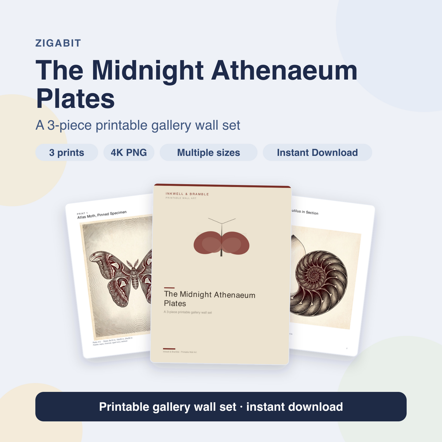 Midnight Athenaeum Plates - Dark Academia 3-Piece Printable Wall Art by Inkwell & Bramble