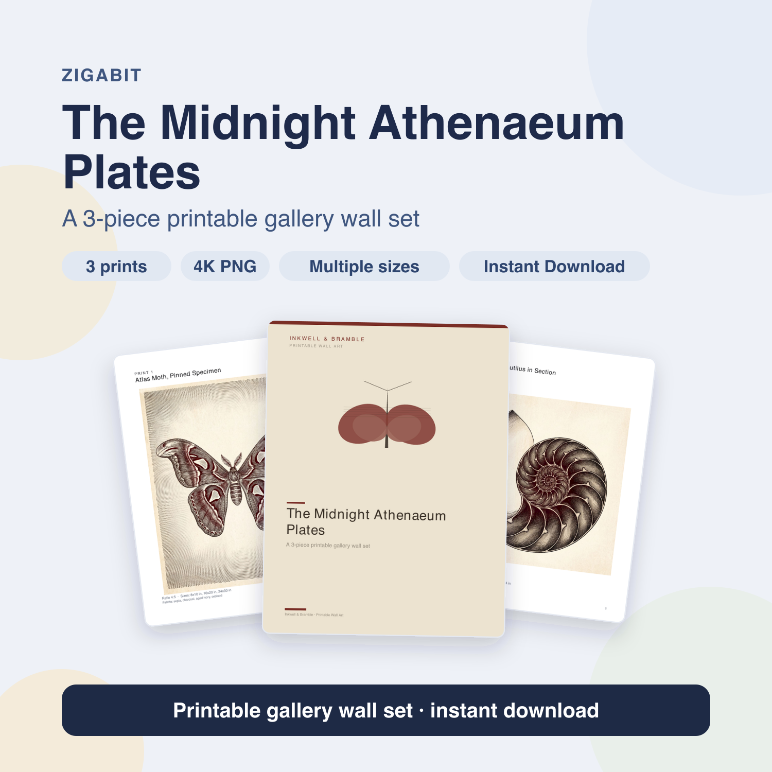 Midnight Athenaeum Plates - Dark Academia 3-Piece Printable Wall Art by Inkwell & Bramble