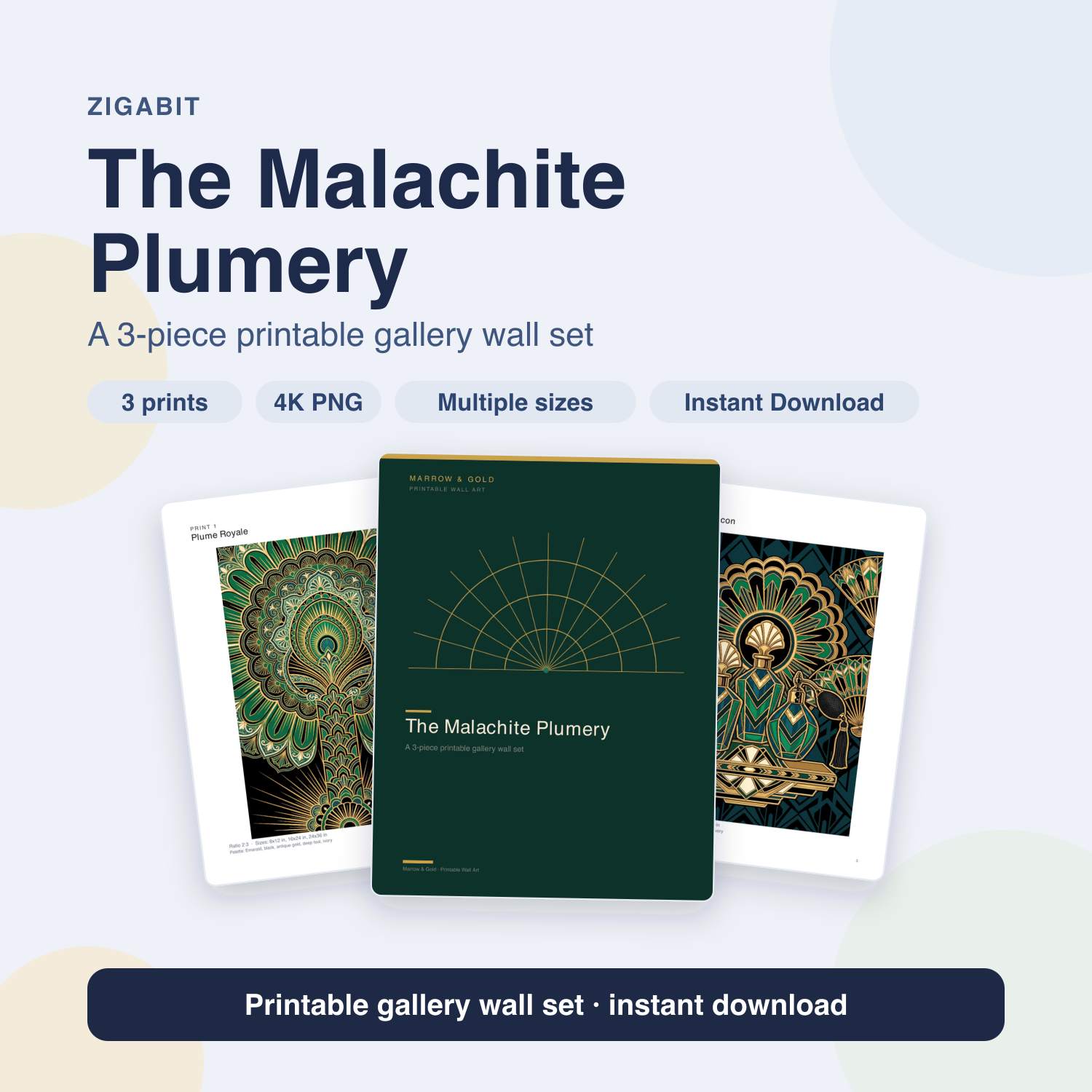 The Malachite Plumery | Emerald Art Deco Powder Room Wall Art Set of 3 by Marrow & Gold