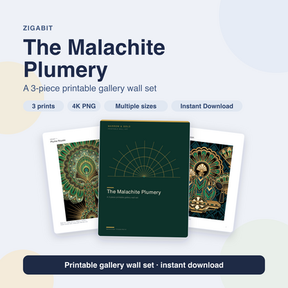 The Malachite Plumery | Emerald Art Deco Powder Room Wall Art Set of 3 by Marrow & Gold