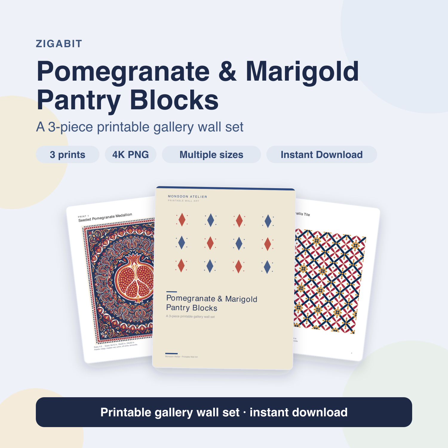 Pomegranate & Marigold Pantry Blocks – 3 Folk Kitchen Prints by Monsoon Atelier