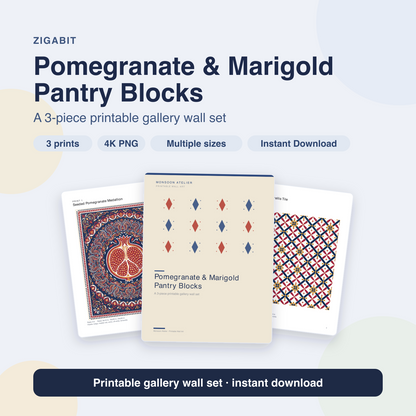Pomegranate & Marigold Pantry Blocks – 3 Folk Kitchen Prints by Monsoon Atelier