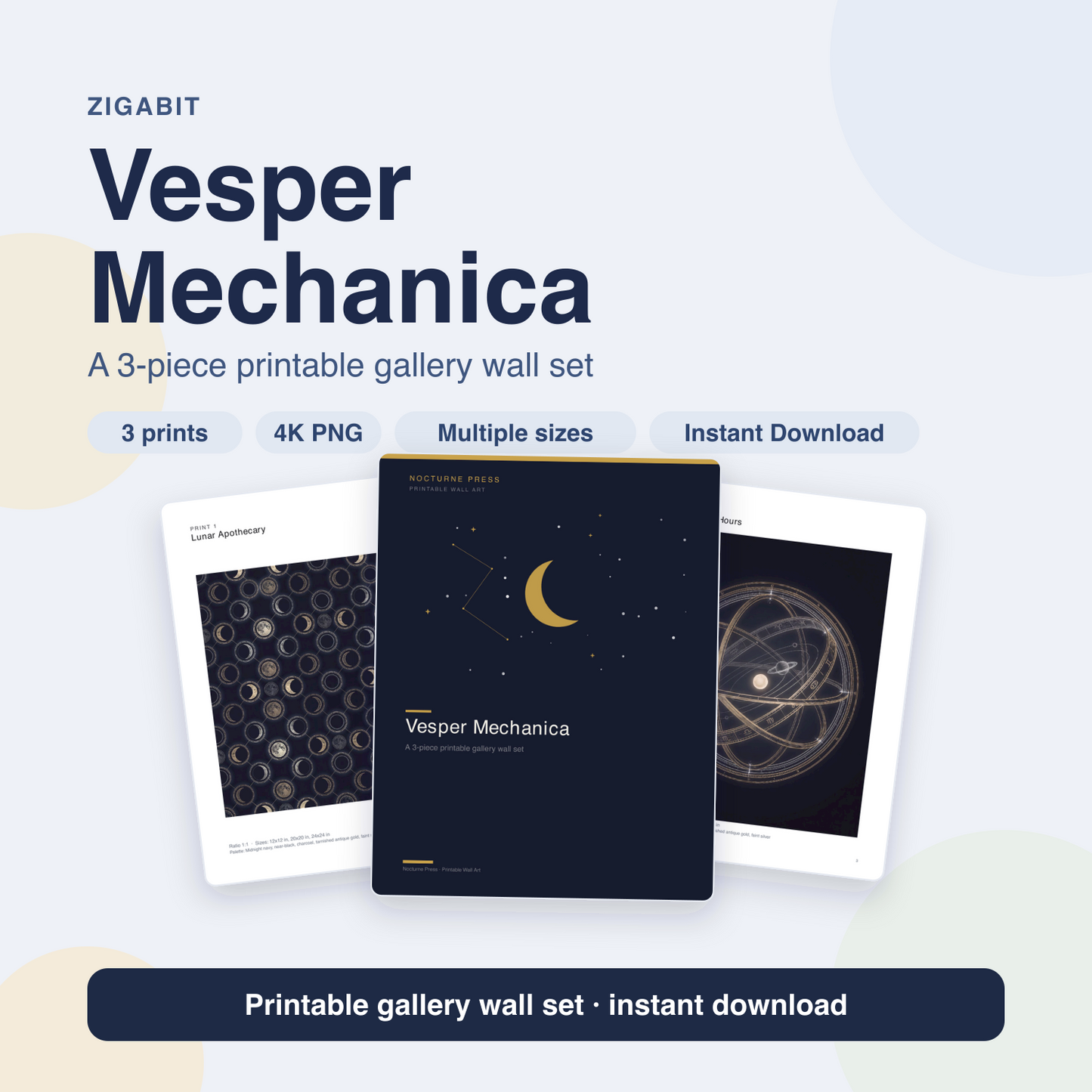 Vesper Mechanica | 3-Piece Dark Celestial Moon Phase Wall Art by Nocturne Press