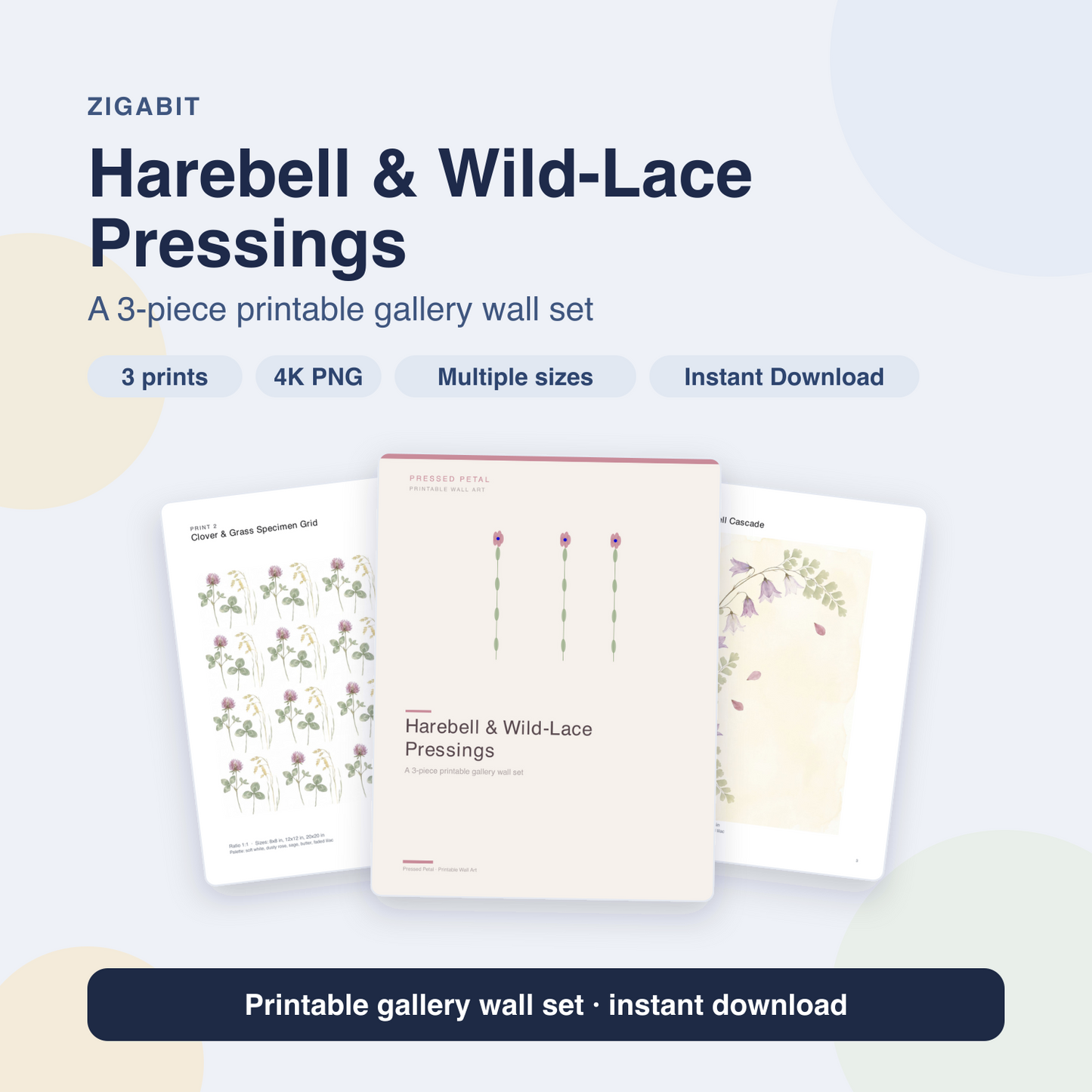 Harebell & Wild-Lace Pressings | 3 Pressed Botanical Nursery Prints by Pressed Petal