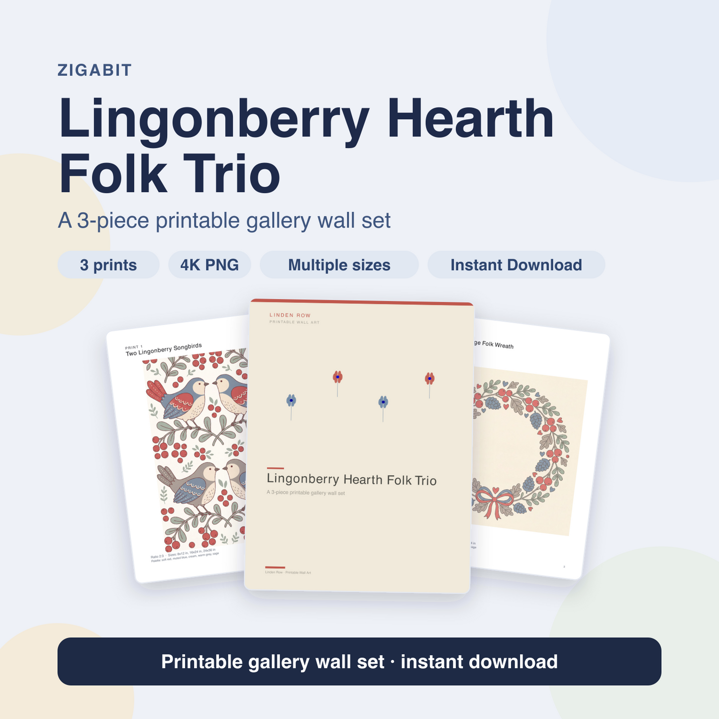 Lingonberry Hearth Folk Trio | 3 Scandi Christmas Wall Prints by Linden Row