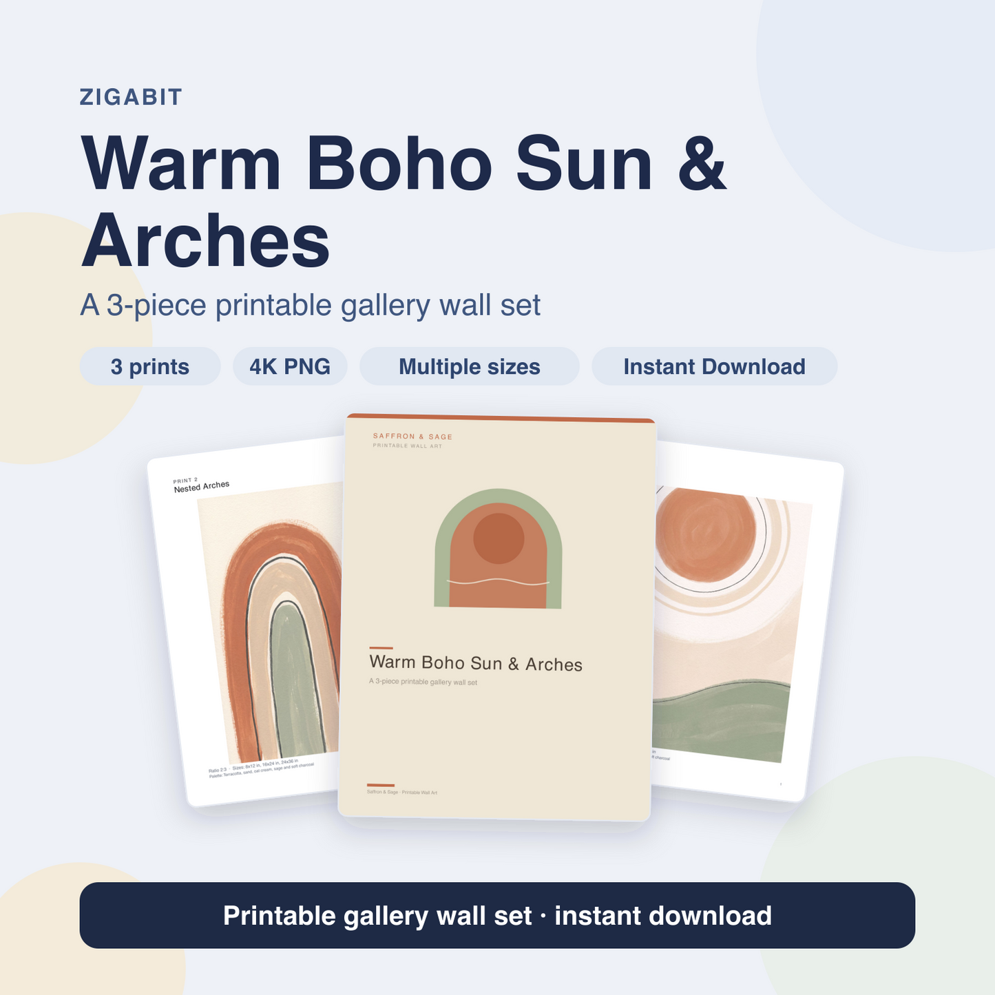 Boho Neutral Wall Art Set of 3 | Terracotta Sun, Arches & Landforms Printable Gallery Wall by Saffron & Sage