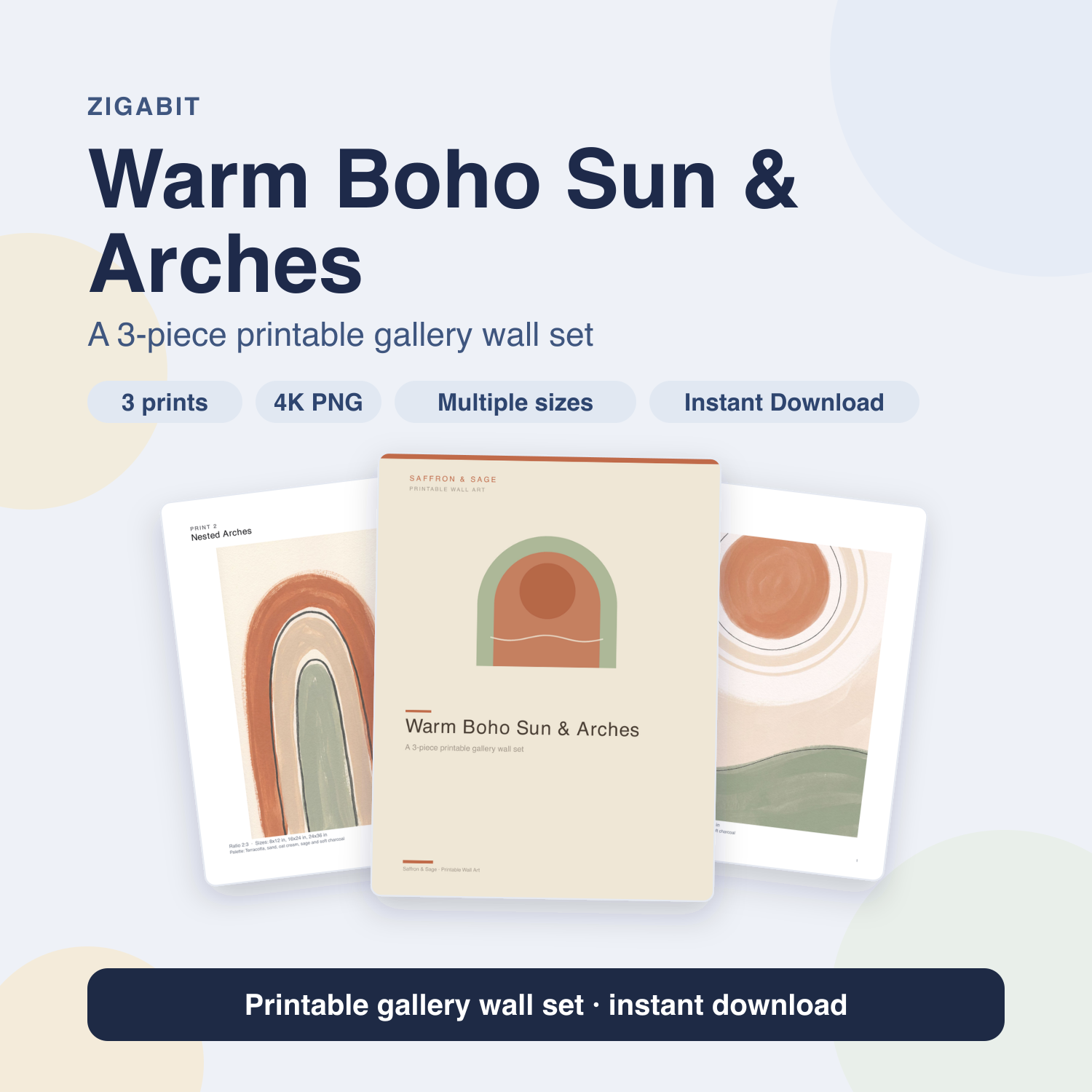 Boho Neutral Wall Art Set of 3 | Terracotta Sun, Arches & Landforms Printable Gallery Wall by Saffron & Sage