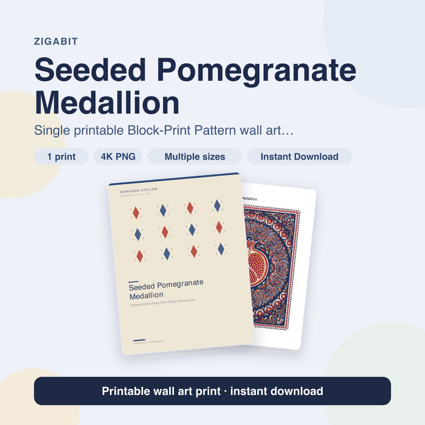 Seeded Pomegranate Medallion | Block-Print Pattern Printable Wall Art Print by Monsoon Atelier