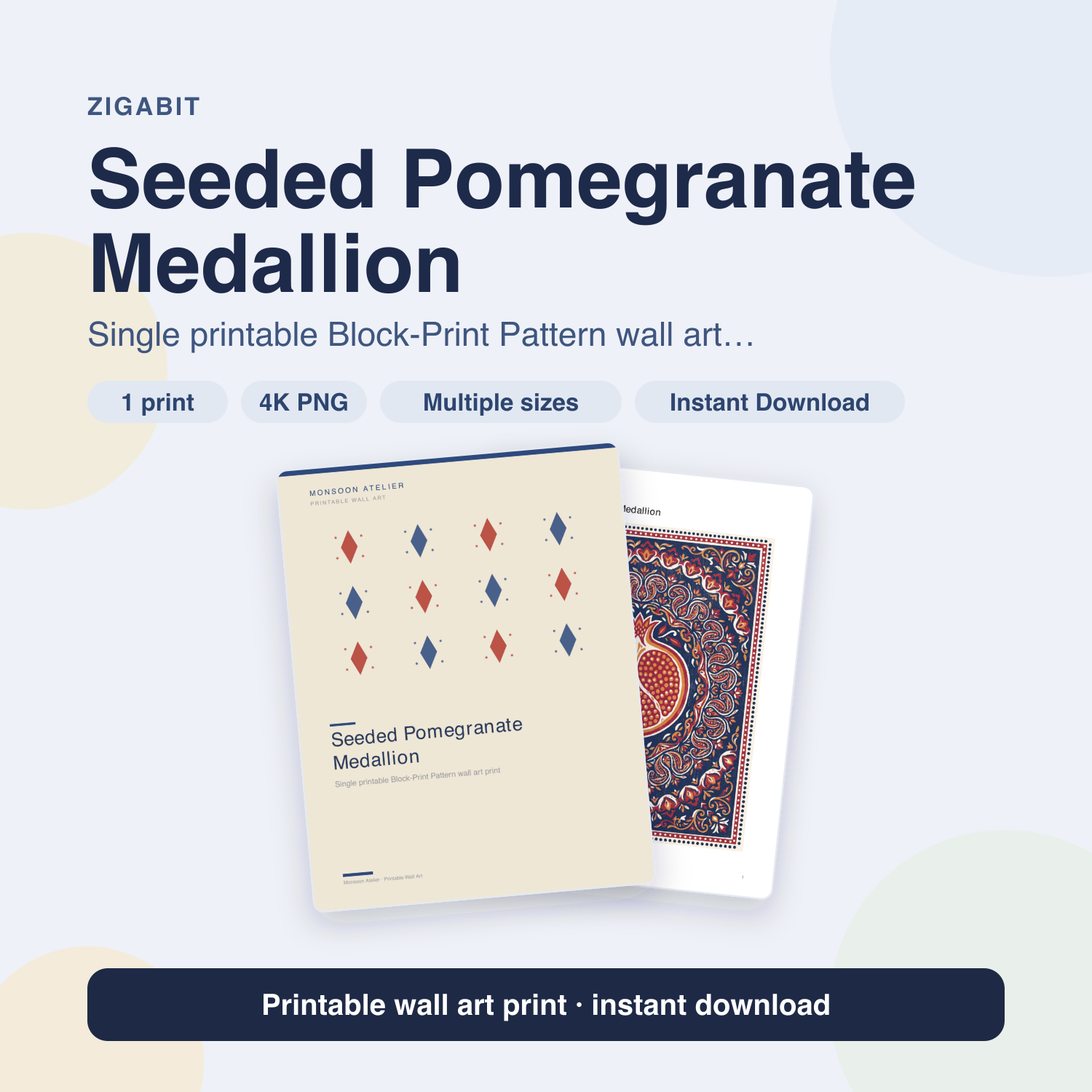 Seeded Pomegranate Medallion | Block-Print Pattern Printable Wall Art Print by Monsoon Atelier