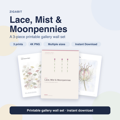 Lace, Mist & Moonpennies — Pressed Botanical Bathroom Wall Art Set of 3 by Pressed Petal