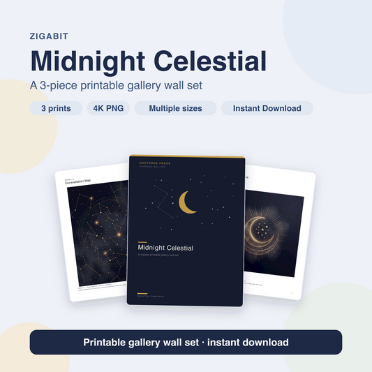 Dark Celestial Gallery Wall Set - 3 Printable Moon & Star Prints by Nocturne Press
