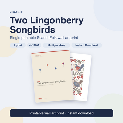 Two Lingonberry Songbirds | Scandi Folk Printable Wall Art Print by Linden Row